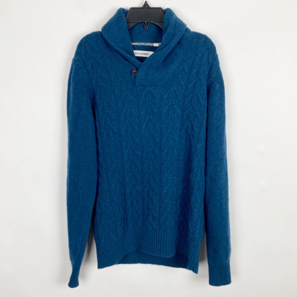 Ben Sherman Cable Knit Shawl Collar Button Wool‎ BlendsSweater Mens S Teal Blue